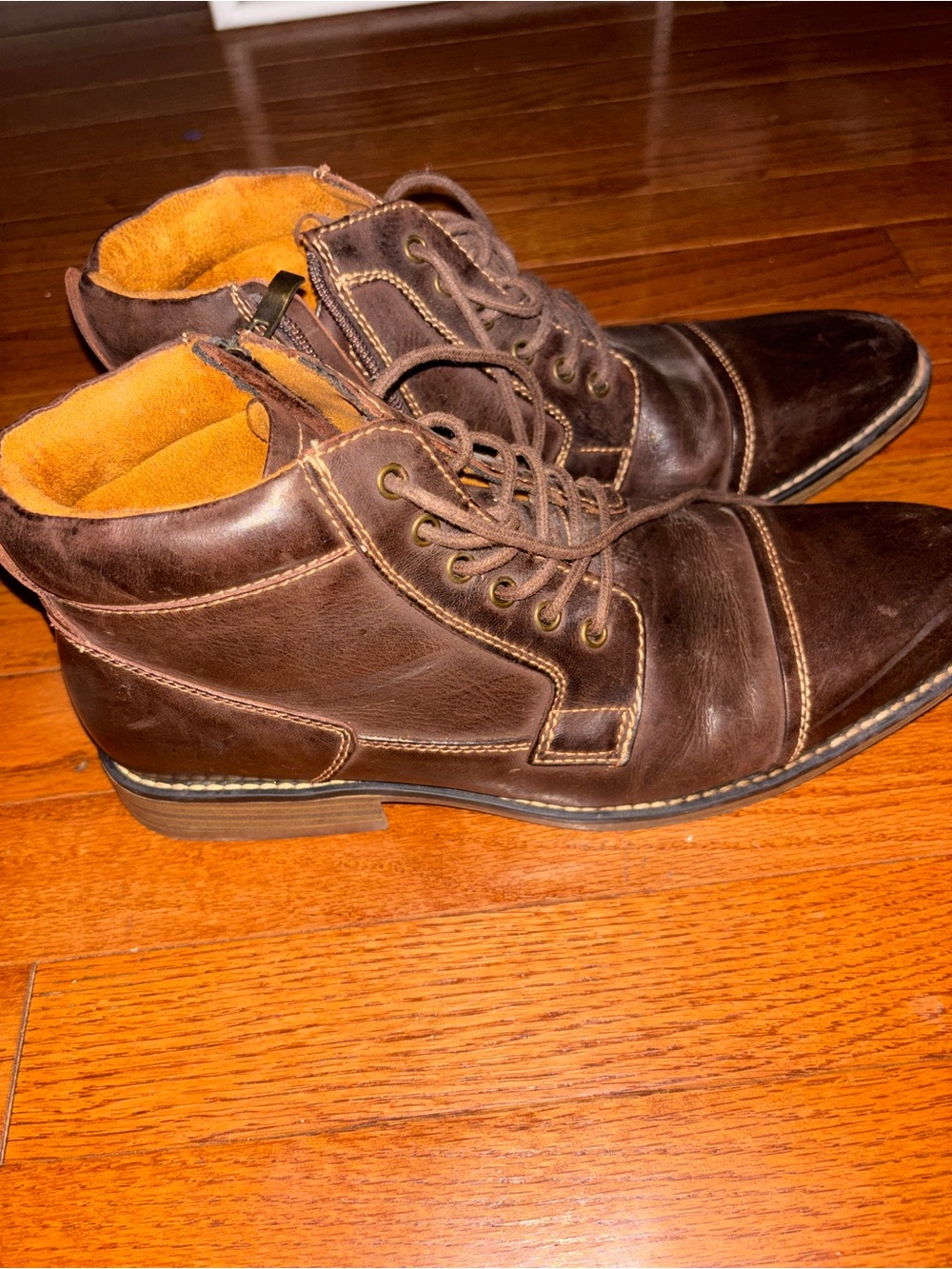 Kunsto Men’s Dark Brown Leather Cap Toe Ankle Boots Side Zip Lace-Up Size 9.5